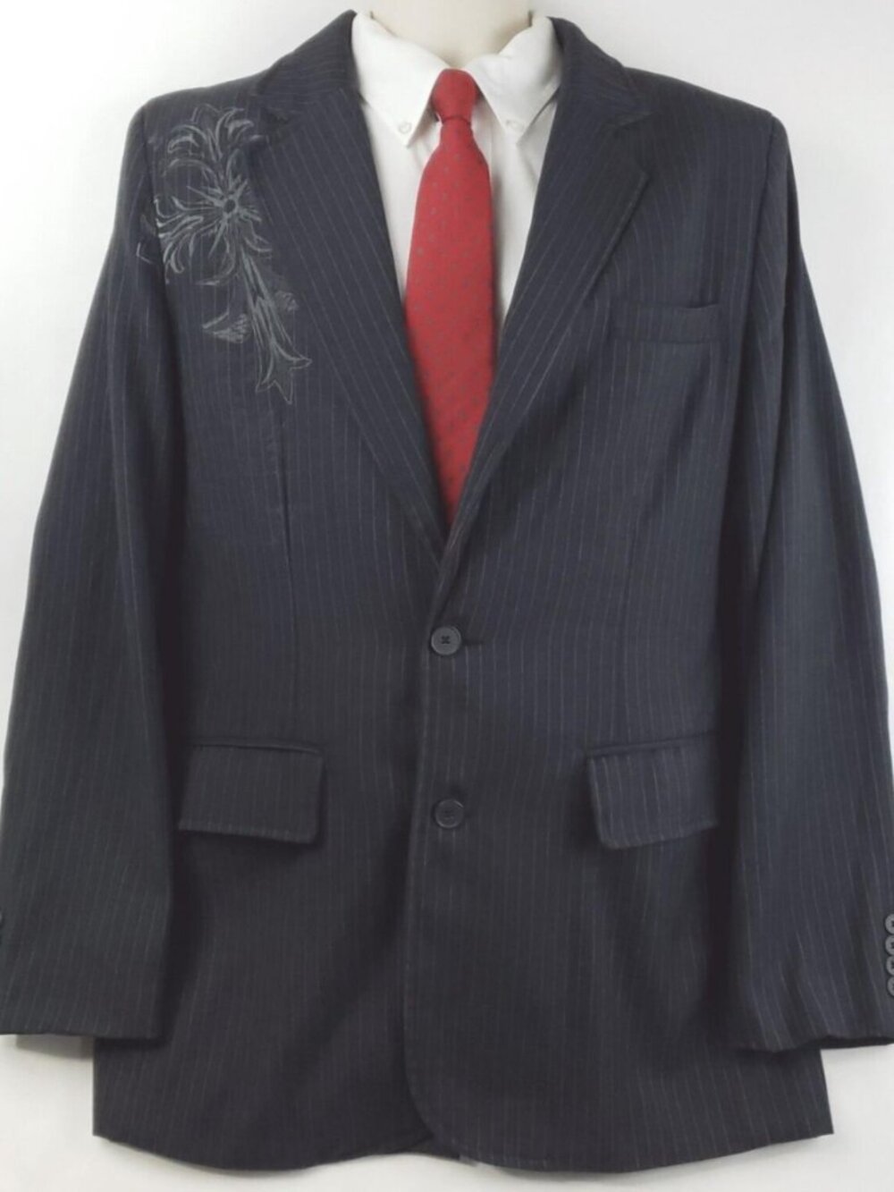 Machine Blazer Jacket Mens Large Gray Chalk Striped Celtic Cross Notch Lapel